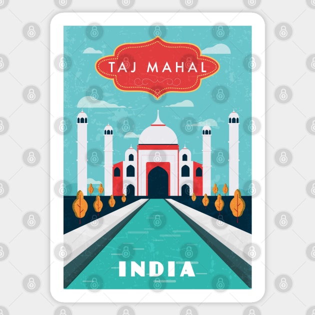 Taj Mahal, India. Retro travel poster Sticker by GreekTavern